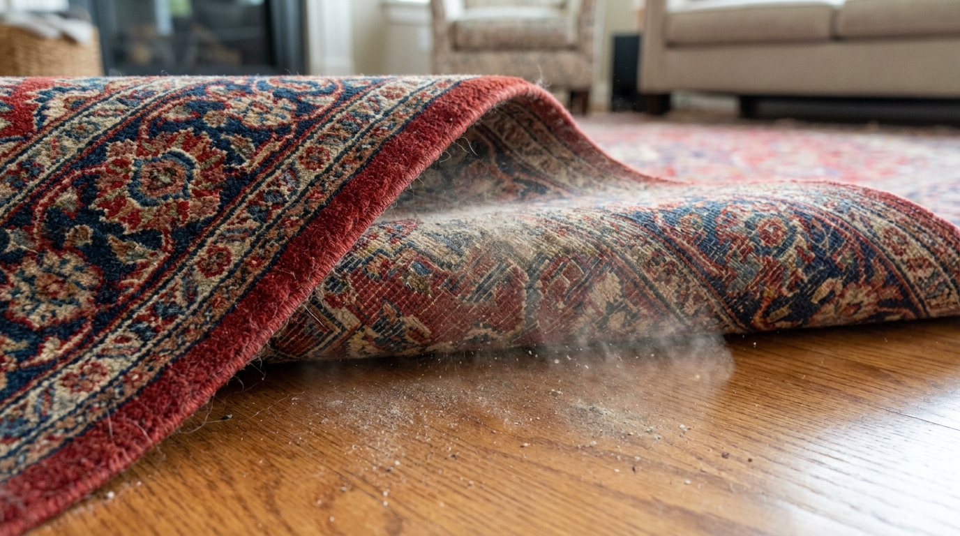 close-up photo of a rug corner folded back showing dust and grit at the base of the pile